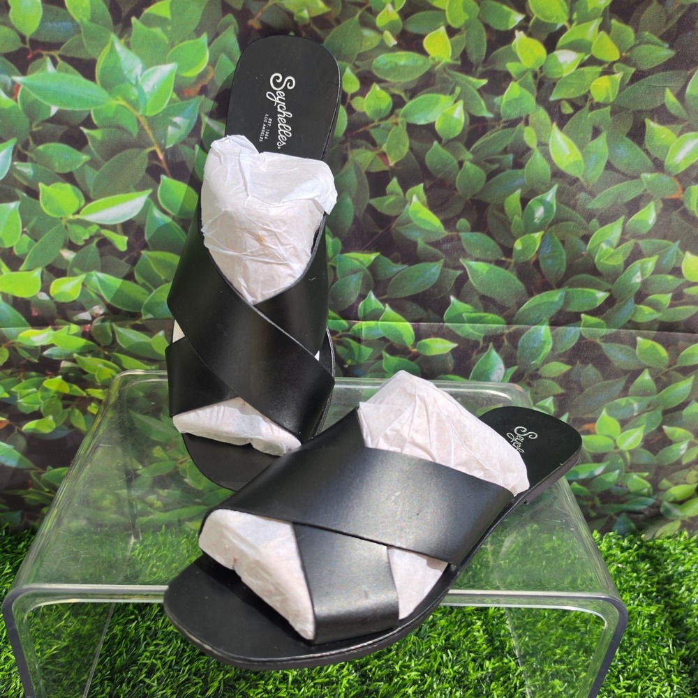 Seychelles Black Leather Crisscross Slide Sandals Made in Italy Square Toe Flat